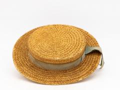 Vintage Natural Straw Pale Blue Ribbon Bow Boater Hat The Ridgemont Make 1930s - 3682542