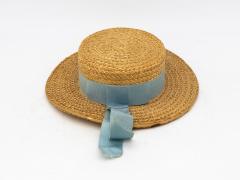 Vintage Natural Straw Pale Blue Ribbon Bow Boater Hat The Ridgemont Make 1930s - 3682605