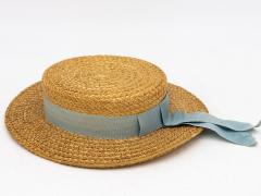 Vintage Natural Straw Pale Blue Ribbon Bow Boater Hat The Ridgemont Make 1930s - 3682606