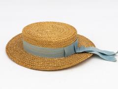 Vintage Natural Straw Pale Blue Ribbon Bow Boater Hat The Ridgemont Make 1930s - 3682607
