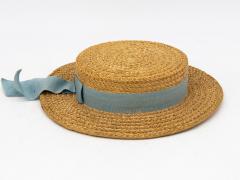 Vintage Natural Straw Pale Blue Ribbon Bow Boater Hat The Ridgemont Make 1930s - 3682609