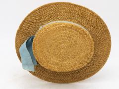 Vintage Natural Straw Pale Blue Ribbon Bow Boater Hat The Ridgemont Make 1930s - 3682611