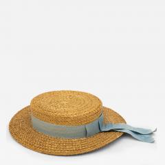 Vintage Natural Straw Pale Blue Ribbon Bow Boater Hat The Ridgemont Make 1930s - 3685090