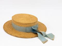Vintage Natural Straw Pale Blue Ribbon Bow Boater Hat The Ridgemont Make 1930s - 3682614