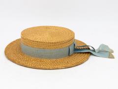 Vintage Natural Straw Pale Blue Ribbon Bow Boater Hat The Ridgemont Make 1930s - 3682615
