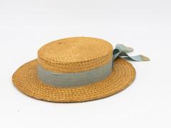Vintage Natural Straw Pale Blue Ribbon Bow Boater Hat The Ridgemont Make 1930s - 3682616