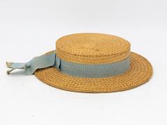 Vintage Natural Straw Pale Blue Ribbon Bow Boater Hat The Ridgemont Make 1930s - 3682617