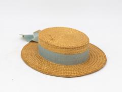 Vintage Natural Straw Pale Blue Ribbon Bow Boater Hat The Ridgemont Make 1930s - 3682618