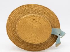 Vintage Natural Straw Pale Blue Ribbon Bow Boater Hat The Ridgemont Make 1930s - 3682620