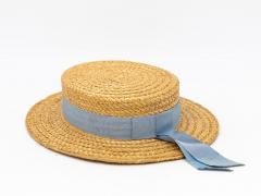 Vintage Natural Straw Pale Blue Ribbon Bow Boater Hat The Ridgemont Make 1930s - 3682639