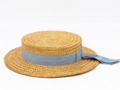 Vintage Natural Straw Pale Blue Ribbon Bow Boater Hat The Ridgemont Make 1930s - 3682640