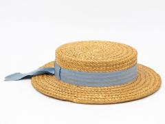 Vintage Natural Straw Pale Blue Ribbon Bow Boater Hat The Ridgemont Make 1930s - 3682641