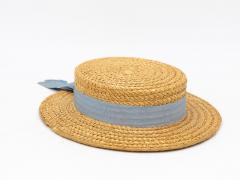 Vintage Natural Straw Pale Blue Ribbon Bow Boater Hat The Ridgemont Make 1930s - 3682642