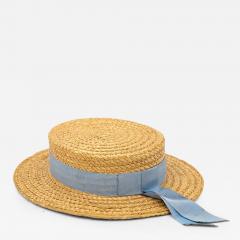 Vintage Natural Straw Pale Blue Ribbon Bow Boater Hat The Ridgemont Make 1930s - 3685094