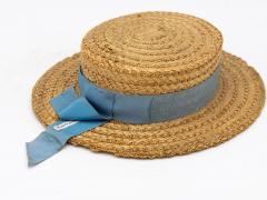 Vintage Natural Straw Pale Blue Ribbon Bow Boater Hat The Ridgemont Make 1930s - 3682655