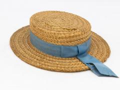 Vintage Natural Straw Pale Blue Ribbon Bow Boater Hat The Ridgemont Make 1930s - 3682658