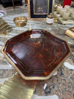 Vintage Octagonal Tortoiseshell Style Serving Tray with Brass Tone Rim - 4720426