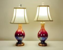 Vintage Pair of Iridescent Porcelain Table Lamps with Brass Base - 330557