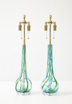 Vintage Pair of Mid Century Murano Glass Aqua Ribbon Lamps on Lucite Bases  - 4761951