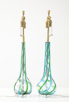 Vintage Pair of Mid Century Murano Glass Aqua Ribbon Lamps on Lucite Bases  - 4761952