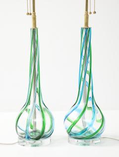 Vintage Pair of Mid Century Murano Glass Aqua Ribbon Lamps on Lucite Bases  - 4761956