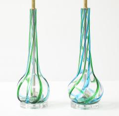 Vintage Pair of Mid Century Murano Glass Aqua Ribbon Lamps on Lucite Bases  - 4761957