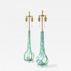 Vintage Pair of Mid Century Murano Glass Aqua Ribbon Lamps on Lucite Bases  - 4762119