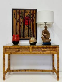 Vintage Palm Beach Regency Coastal Console Desk in Split Rattan Glass Top - 4421778