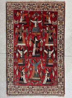 Vintage Persian Rug Depicting Stylized Tribal Dancers on Red 72 by 45  - 4421736