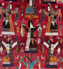 Vintage Persian Rug Depicting Stylized Tribal Dancers on Red 72 by 45  - 4421804