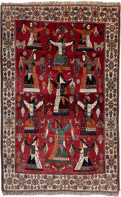 Vintage Persian Rug Depicting Stylized Tribal Dancers on Red 72 by 45  - 4426664