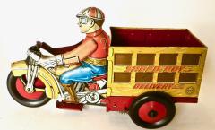 Vintage Pre War Wind Up Toy Boy on Motorcycle Delivery Truck By Marx - 3046603