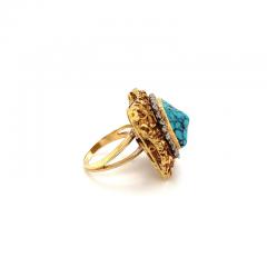 Vintage Raw Turquoise and Diamond Ring and Earring Set in 18k Gold - 3618422