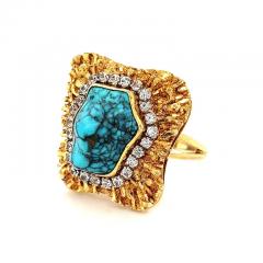 Vintage Raw Turquoise and Diamond Ring and Earring Set in 18k Gold - 3618423