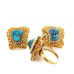 Vintage Raw Turquoise and Diamond Ring and Earring Set in 18k Gold - 3618426