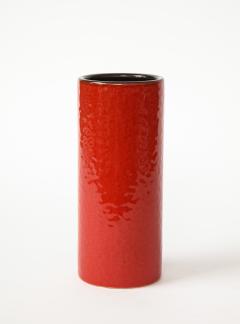 Vintage Red Ceramic Cylinder Vase with Glazed Black Interior - 1943615