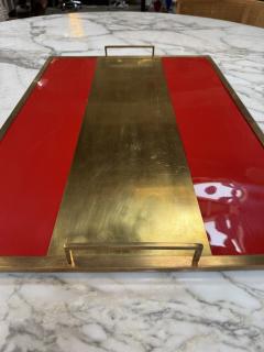 Vintage Red Lacquer Brass Serving Tray with Handle - 4623595