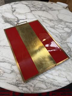 Vintage Red Lacquer Brass Serving Tray with Handle - 4623596