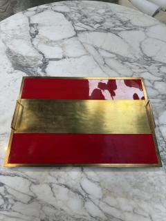 Vintage Red Lacquer Brass Serving Tray with Handle - 4623598