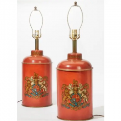 Vintage Red Tole Leather Tea Canister Table Lamps W Armorial Crests a Pair - 2869879