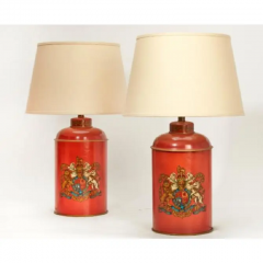 Vintage Red Tole Leather Tea Canister Table Lamps W Armorial Crests a Pair - 2869880
