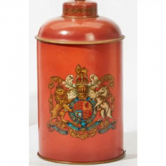 Vintage Red Tole Leather Tea Canister Table Lamps W Armorial Crests a Pair - 2869881