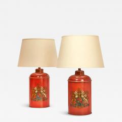 Vintage Red Tole Leather Tea Canister Table Lamps W Armorial Crests a Pair - 2879160