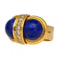 Vintage Retro Cabochon Lapis Lazuli 18K Gold Clip On Earrings and Ring Set - 3861930