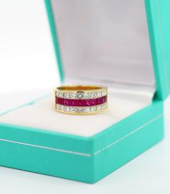 Vintage Ruby Diamond Channel Set Cluster Ring Earring 18K Jewelry Set - 3512849