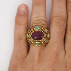 Vintage Ruby Rose Cut Diamond Turquoise 18K Gold Ring - 3981779