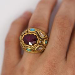 Vintage Ruby Rose Cut Diamond Turquoise 18K Gold Ring - 3981783