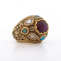 Vintage Ruby Rose Cut Diamond Turquoise 18K Gold Ring - 3981787