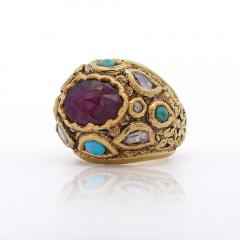 Vintage Ruby Rose Cut Diamond Turquoise 18K Gold Ring - 3981789