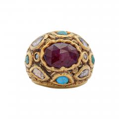 Vintage Ruby Rose Cut Diamond Turquoise 18K Gold Ring - 3984976